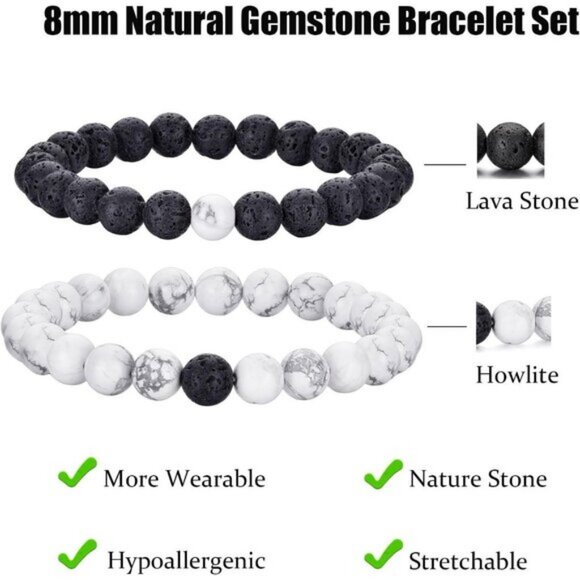 ⚡Rankeef Men 2 White Black Tiger Eye 8MM Natural Stone Crystal Beaded Bracelet - Picture 3 of 8